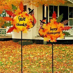 Set of 2 Turkey Garden Stakes Thanksgiving Decor, 36 Inch Metal Fall